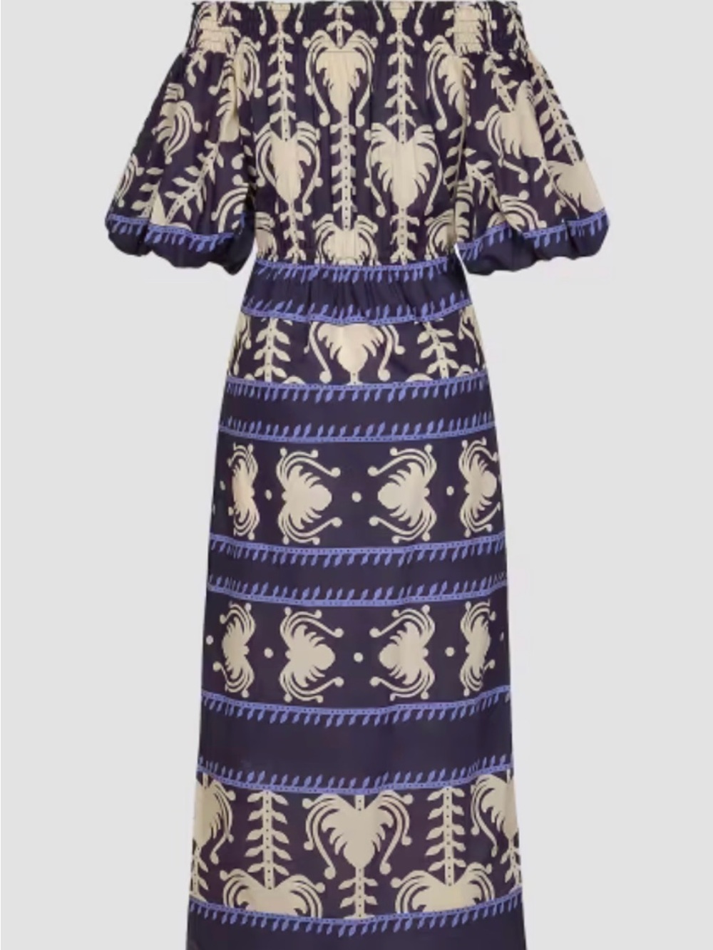 Johanna Ortiz Off-the-Shoulder Navy and Cream Printed Maxi Dress worn once.